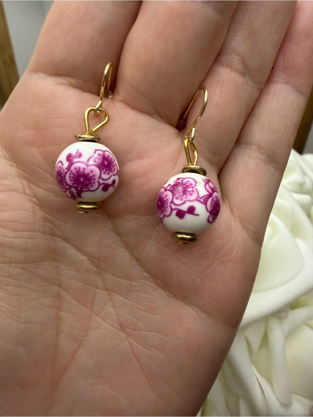 Gold-Tone Pink Floral Porcelain Drop Earrings
